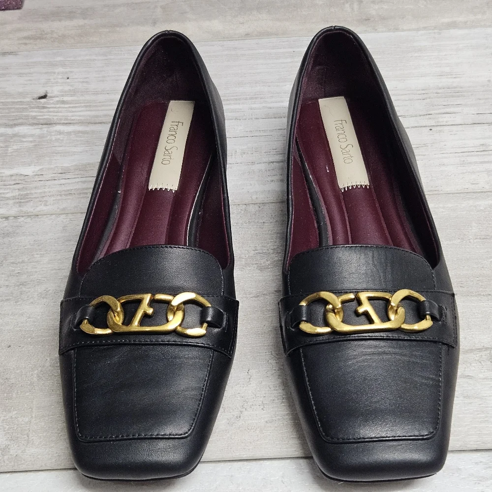 Franco Sarto Tiari Flat Loafers with Gold Chain Detail Size 10 Black Classic - Picture 8 of 10